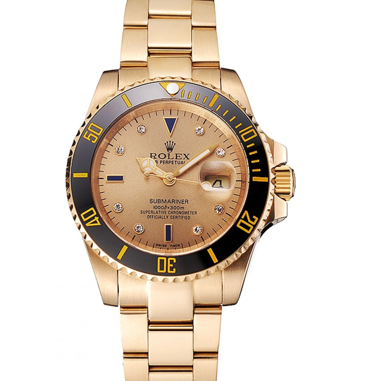 Markings With Case Yellow Swiss Diamond Black Dial Gold Submariner Bracelet Bezel Rolex Gold And 0530
